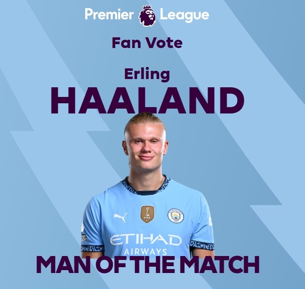  打進致勝球！英超官方：哈蘭德當(dāng)選曼城1-0熱刺全場最佳球員