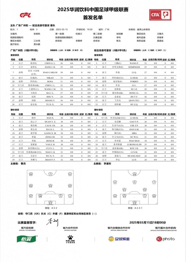  廣州豹vs延邊龍鼎首發(fā)：卡洛斯、羅薩、尼康三外援領(lǐng)銜廣州豹