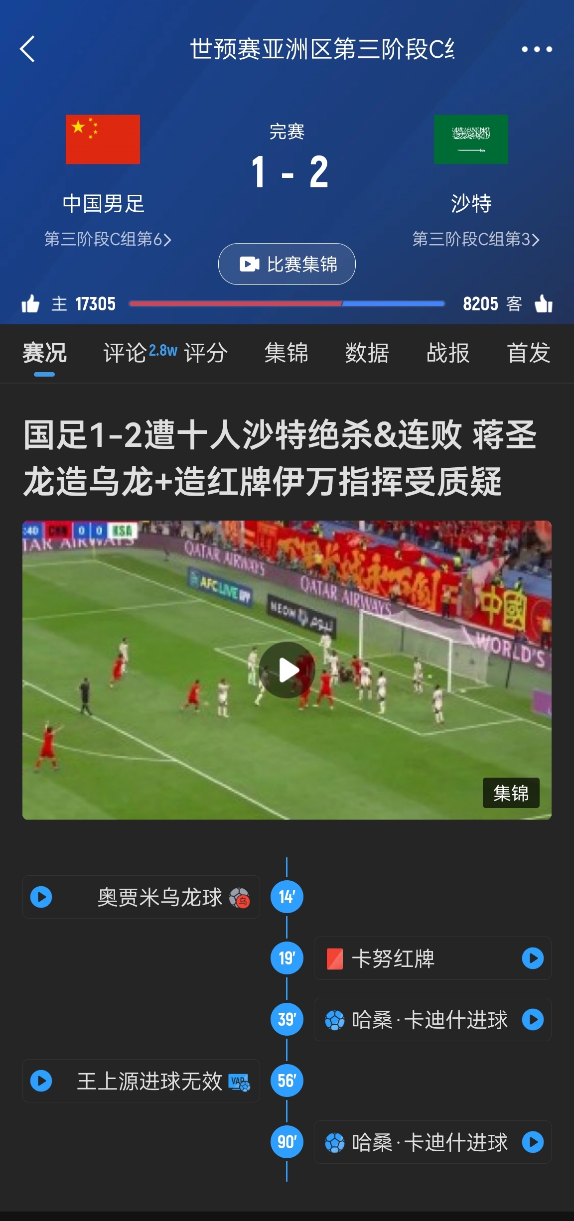  今天什么劇本？首戰(zhàn)沙特也是半場(chǎng)紅牌+蔣光太傷退，最后國(guó)足被翻